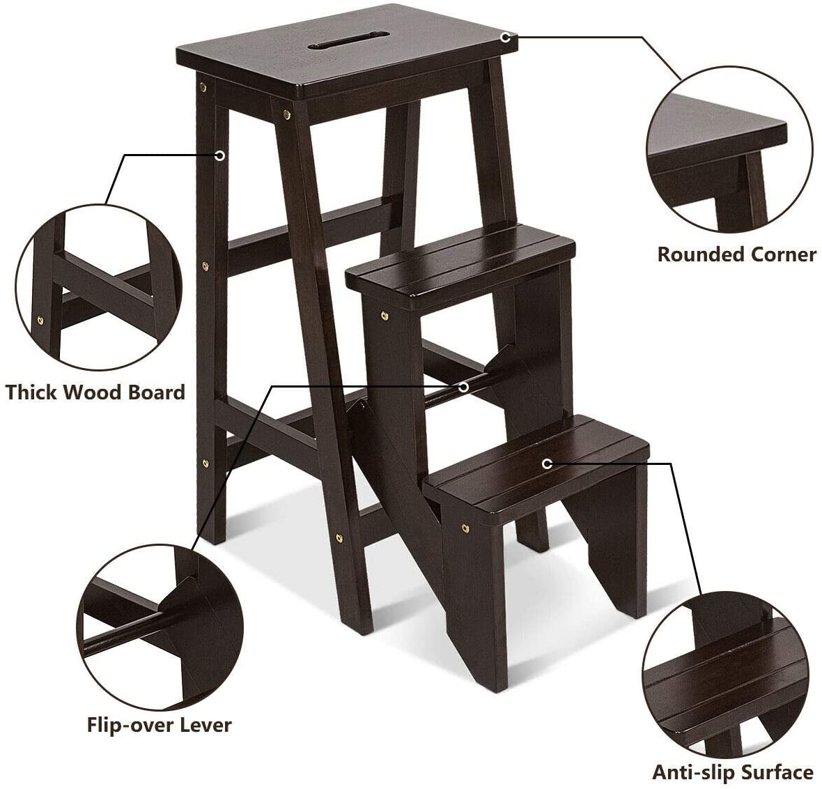 Folding Step Stool 3 Tier Wood Ladder, 3-in-1 Design with Ladder