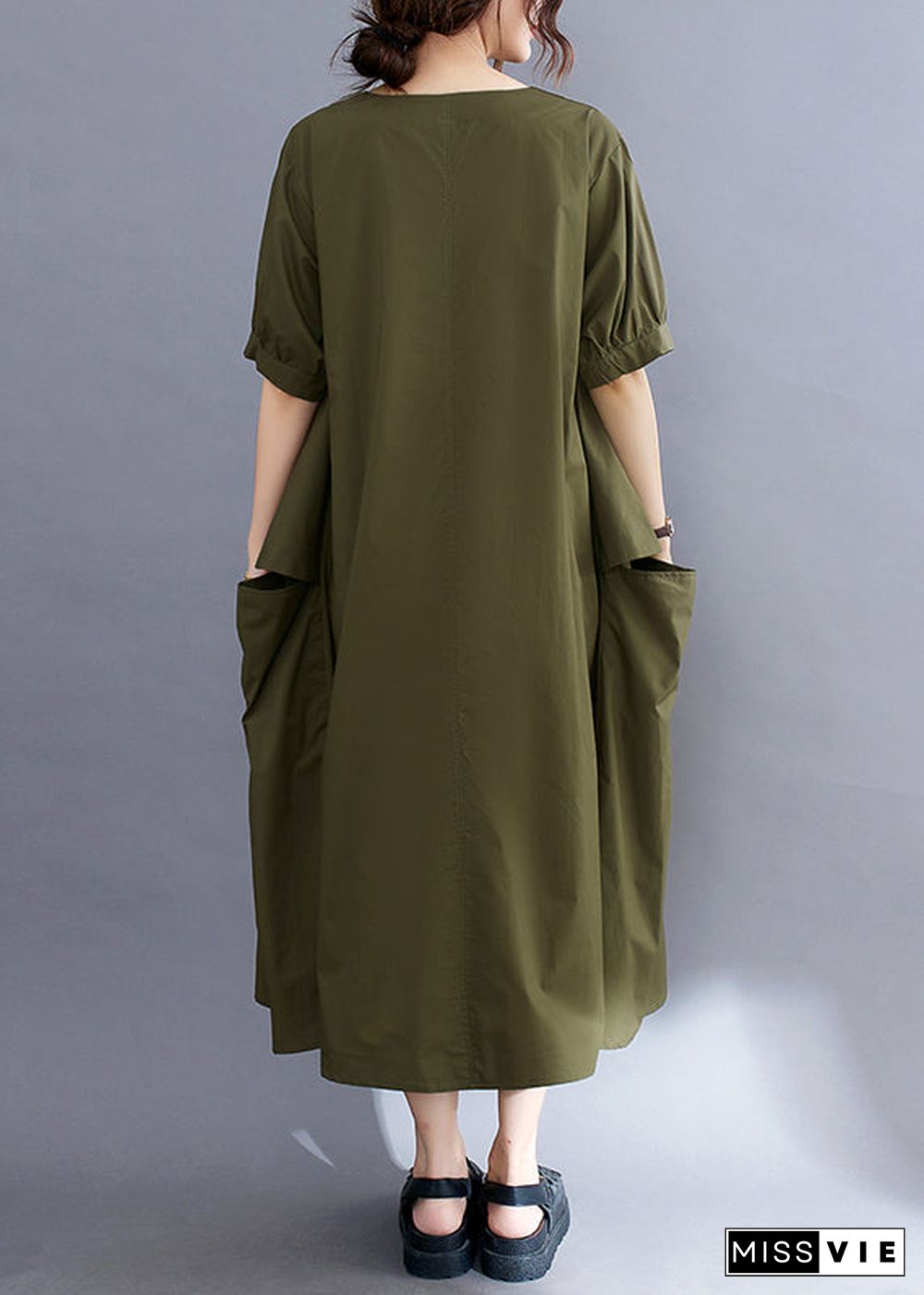 Style Army Green V Neck Pockets Cotton Maxi Dress Summer