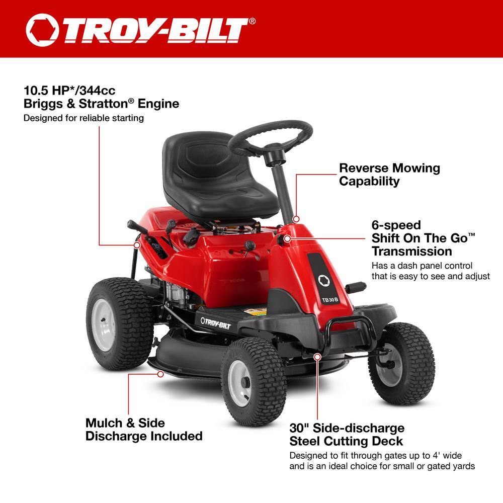 Troy-Bilt 30 in. 10.5 HP Briggs and Stratton Engine 6-Speed Manual Drive Gas Rear Engine Riding Mower with Mulch Kit Included TB30B