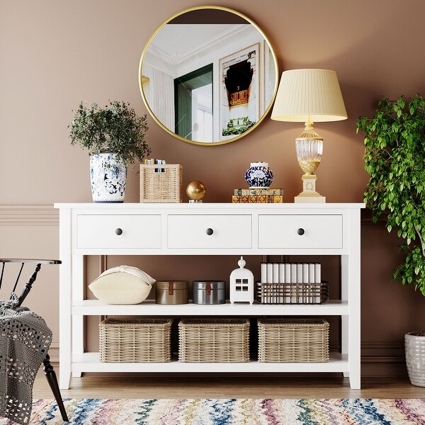 Antique White 3-Drawer Entryway Console Table with 2-Tier Open Shelves