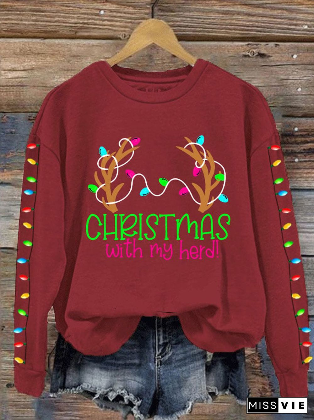 Women's Christmas With My Herd Print Crew Neck Sweatshirt