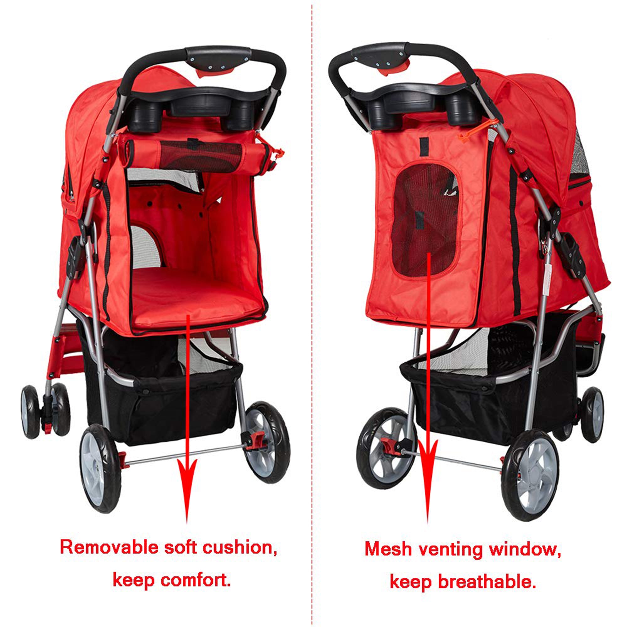 Karmas Product Folding Dog Stroller Cage Portable Travel Carrier with 3 Wheels ， red