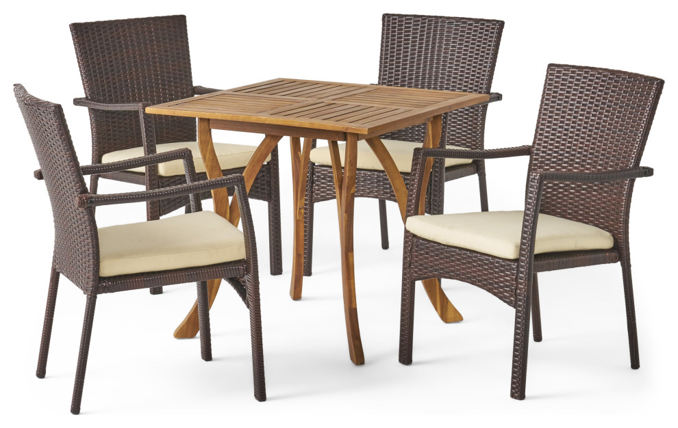 GDF Studio 5 Piece Alva Outdoor Acacia Wood/Wicker Dining Set With Cushions   Tropical   Outdoor Dining Sets   by GDFStudio  Houzz