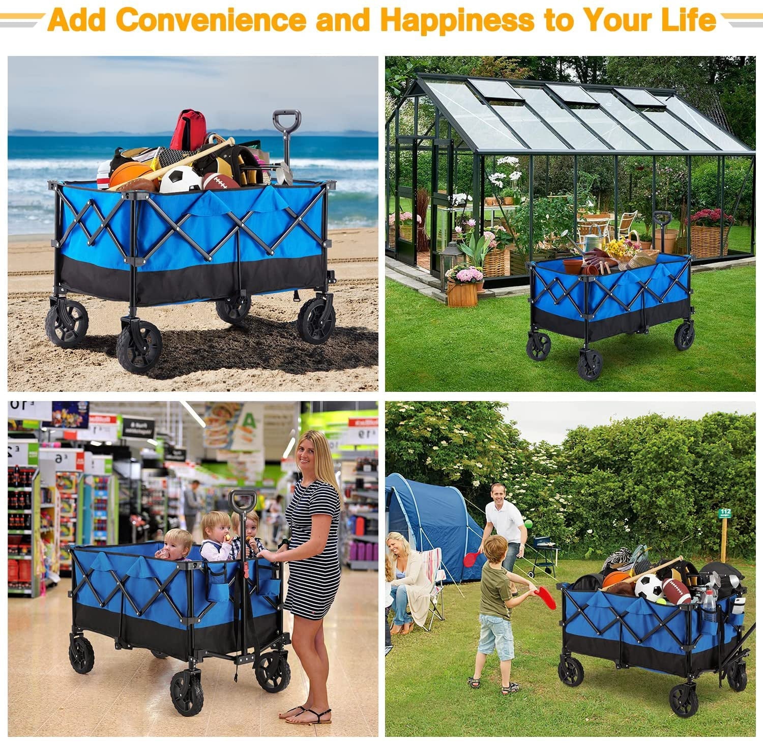 Mellcom Folding Wagon Cart, Outdoor Utility Foldable Trolley for Travel, Shopping, Camping, Blue