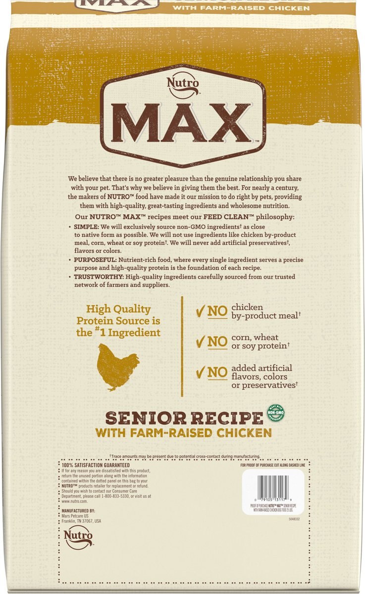 Nutro Max Senior Farm-Raised Chicken Recipe Natural Dry Dog Food， 25-lb bag