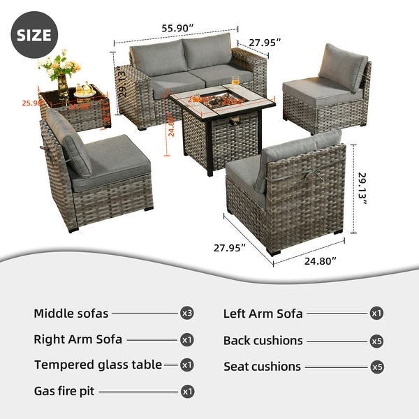 OVIOS Patio Wicker Furniture Wide Arm 7piece Fire Pit Set with Table