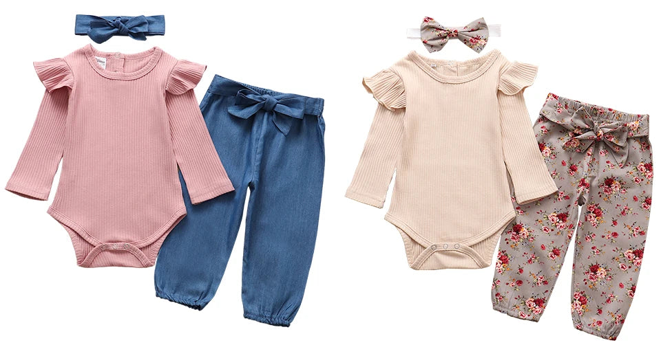 Autumn Baby Girl Clothes Sets Fashion Toddler Outfits Long Sleeve Tops Flower Pants Headband Cute 3Pcs Newborn Infant Clothing