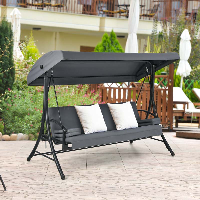 2-in-1 Convertible Metal Porch Swing Chair Bench Glider, 3-Seater Outdoor Patio Swing with Adjustable Tilt Canopy