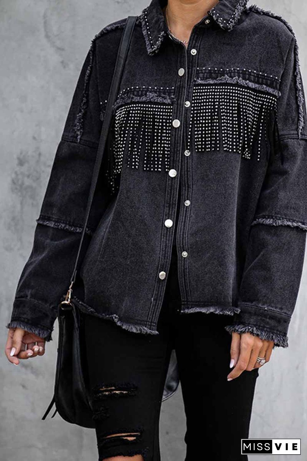 Long Sleeve Fringed Denim Jacket Tops