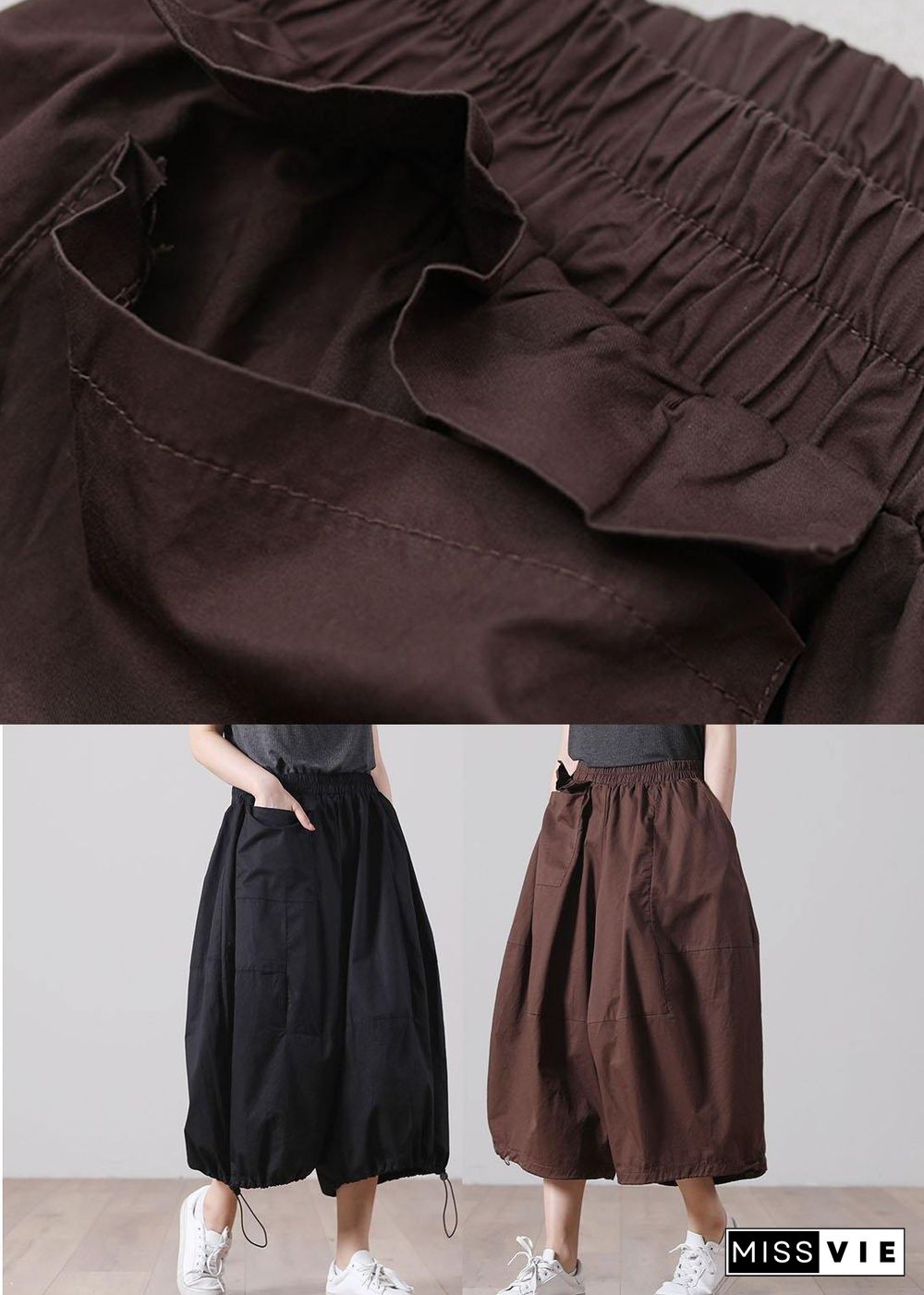 Classy Black Pockets Casual Wide Leg Cotton Pants