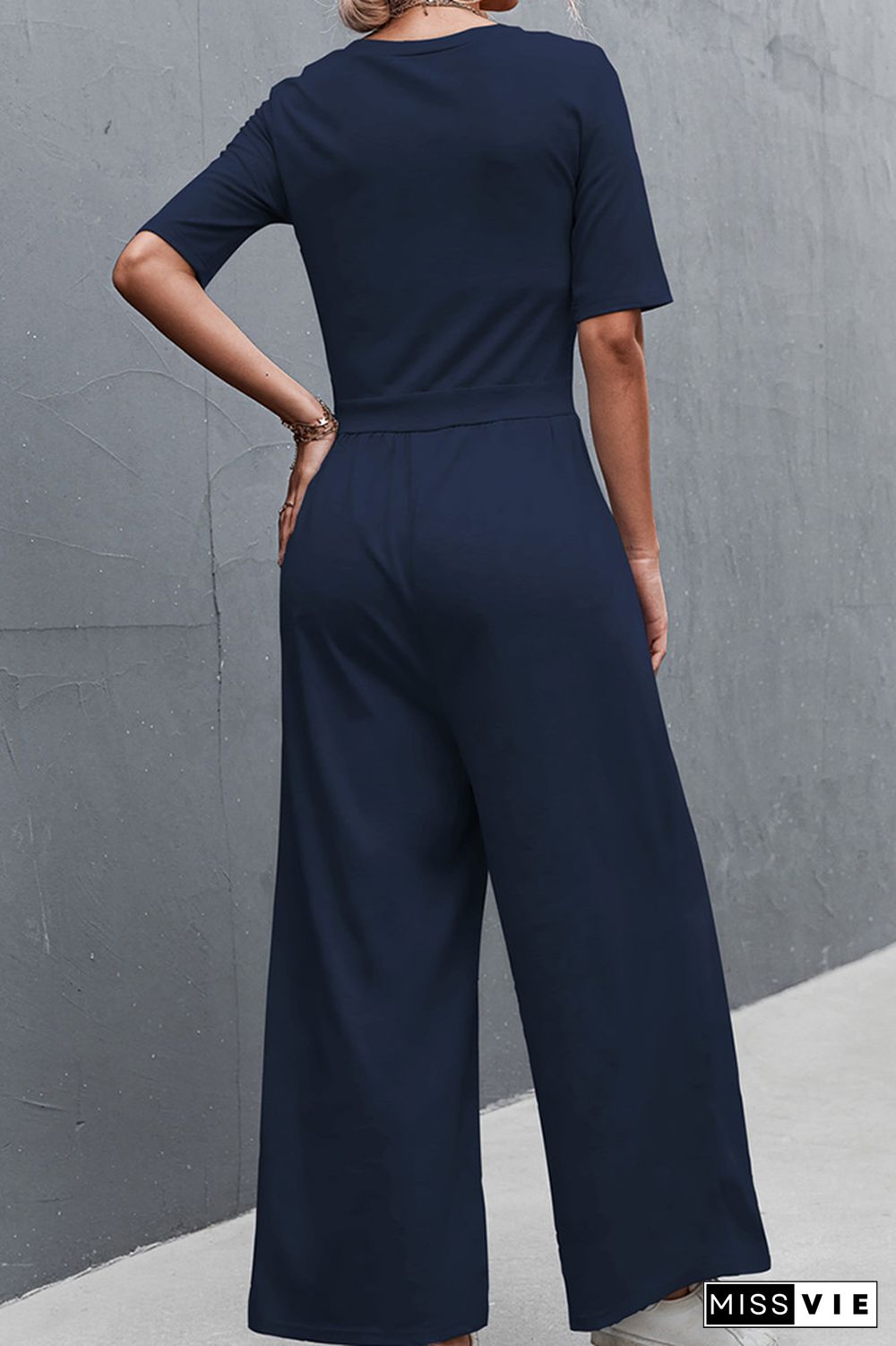 Solid Color Short Sleeve Wide Leg Jumpsuit Wholesale