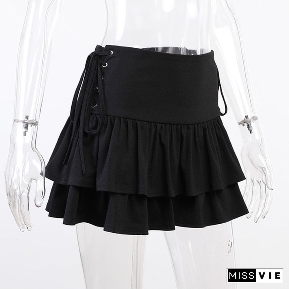 Diablo Personality Side Waist Corn Eyelet Tie Skirt Summer Female Student New Half Skirt