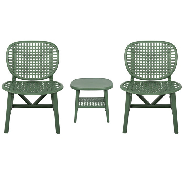 Simplie Fun 3 Pieces Hollow Design Retro Patio Table Chair Set All Weather Conversation Bistro Set Outdoor Table with Open Shelf and Lounge Chairs with Widened Seat for Balcony Garden Yard Green