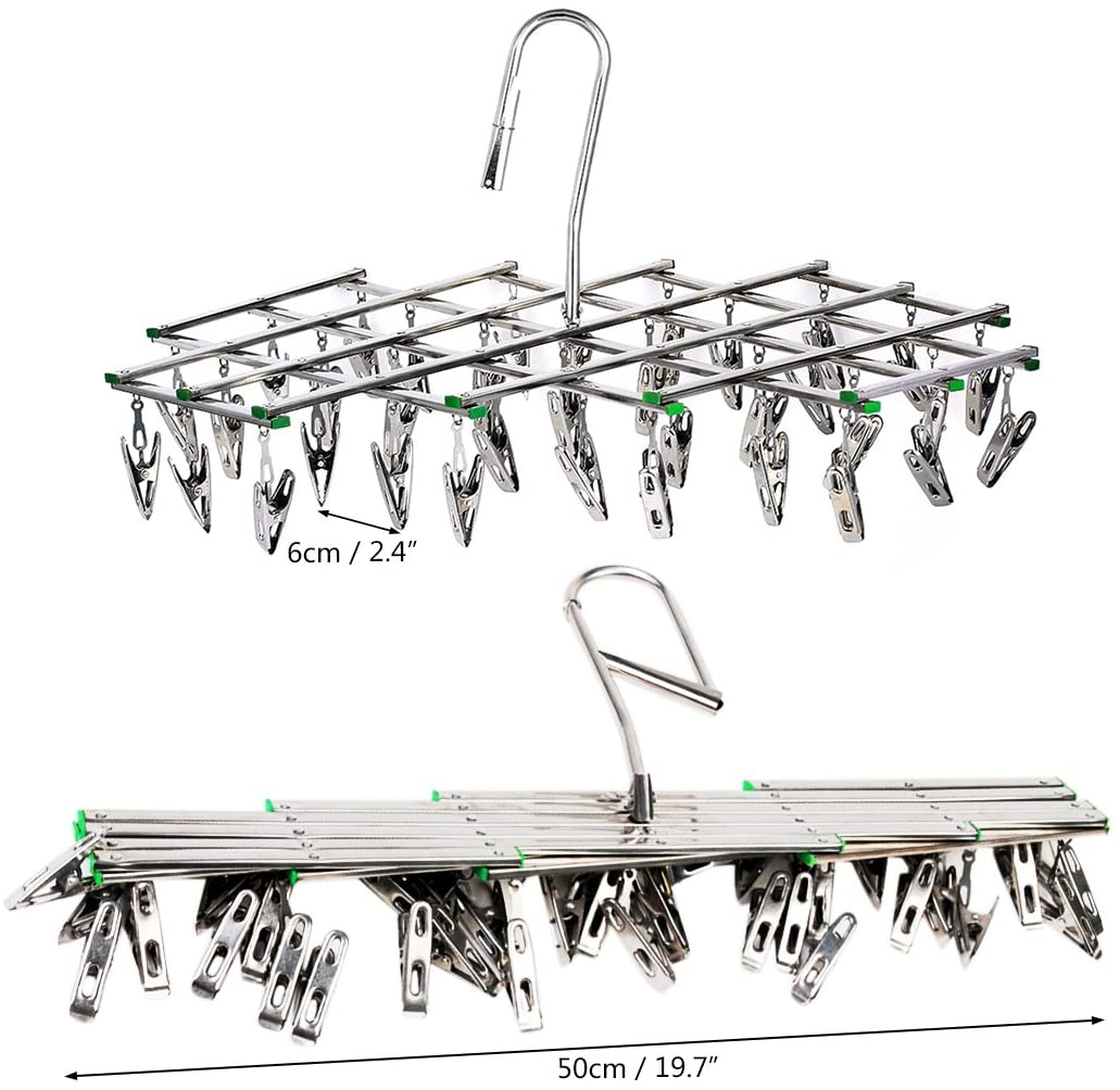 Stainless Steel Hanging Drying Rack-with 35 Clips Space Saer Drying Pegs Hook Drip Sock Dryer Hanger for Laundry Clothes Underwear Socks Gloes