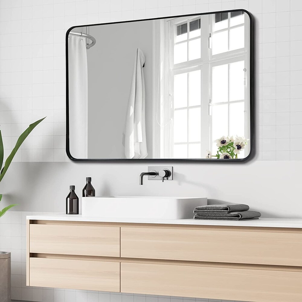 Inch Bathroom Wall Mirror for Vanity  Black Metal Frame Rectangular Mirror  Large Modern Round Corner Mirror