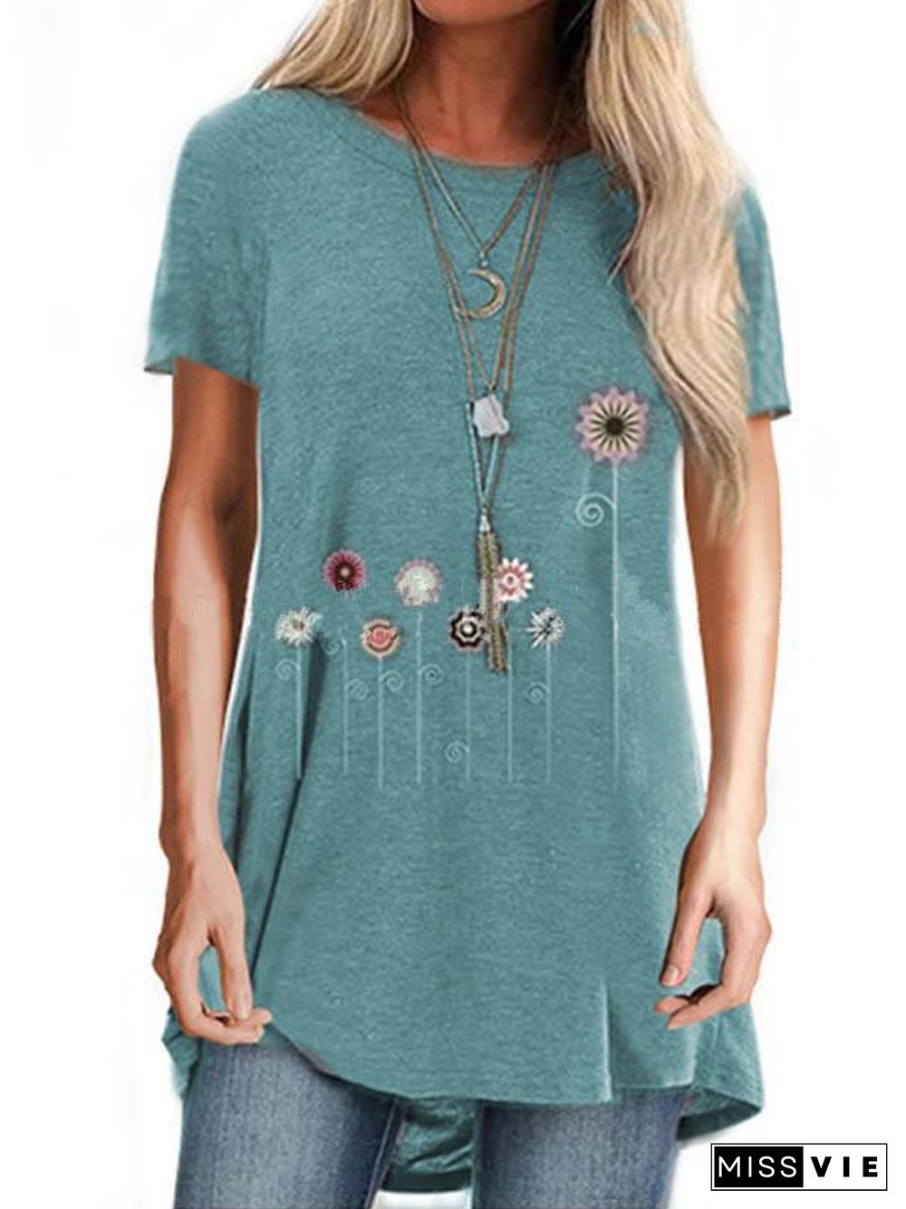 Women Short Sleeve Round Neck Top Floral Printed T-shirt