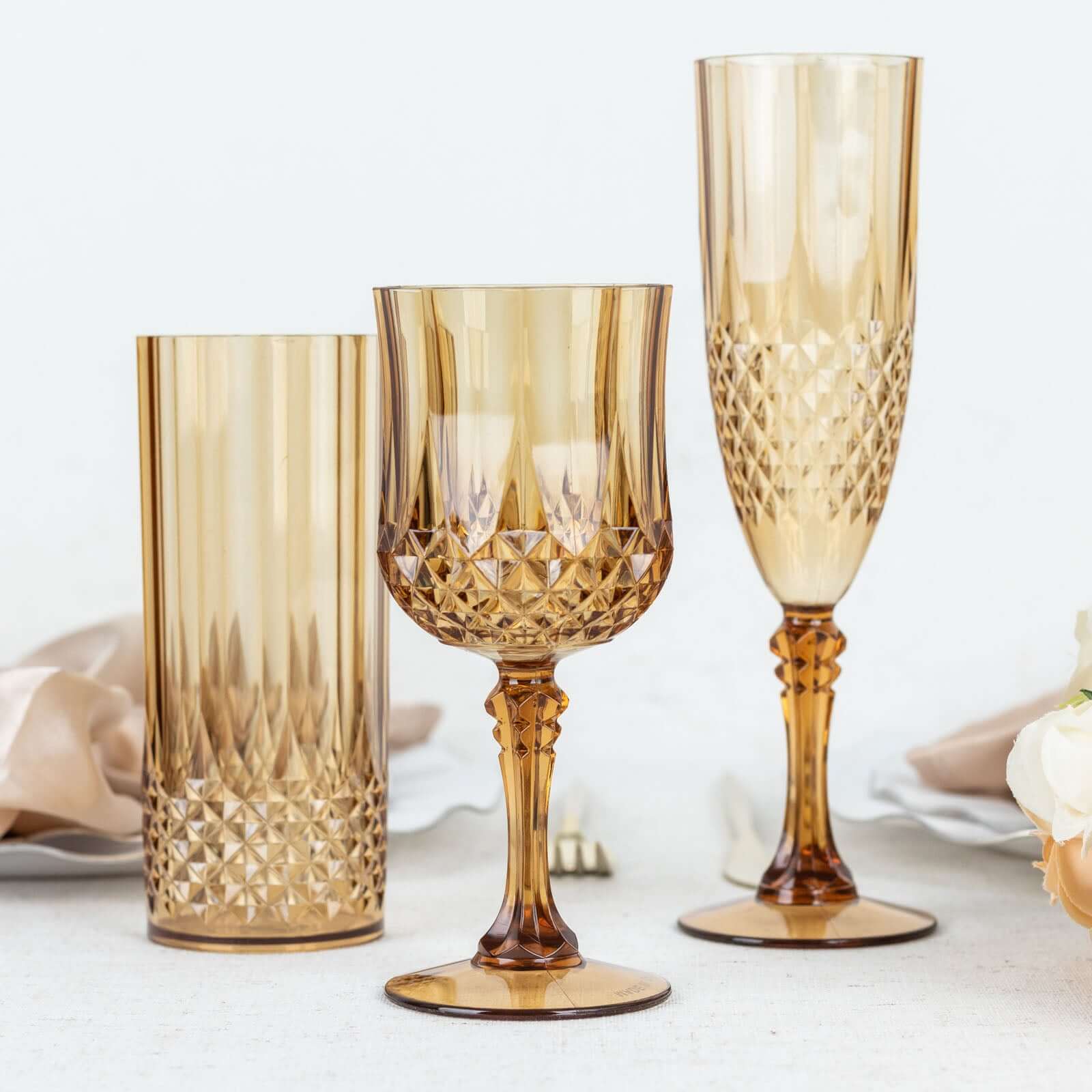 6 Pack Amber Gold Crystal Cut Reusable Plastic Wine Glasses, Shatterproof Cocktail Goblets 8oz