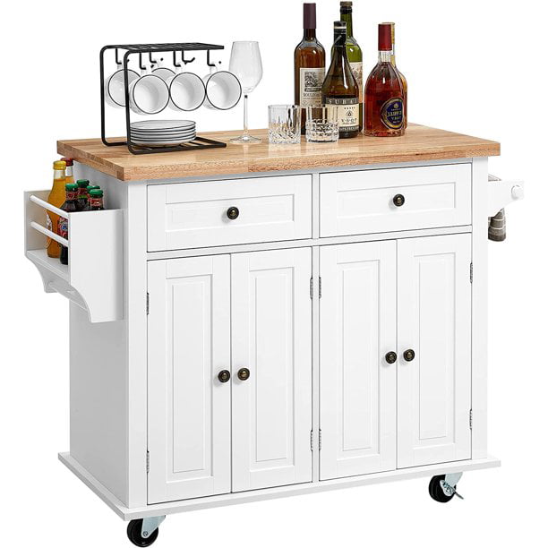 Homfa Kitchen Island Cart on Wheels， Rolling Bar Cart with Storage Cabinet， Rubber Wood Countertop， Lockable Casters， White