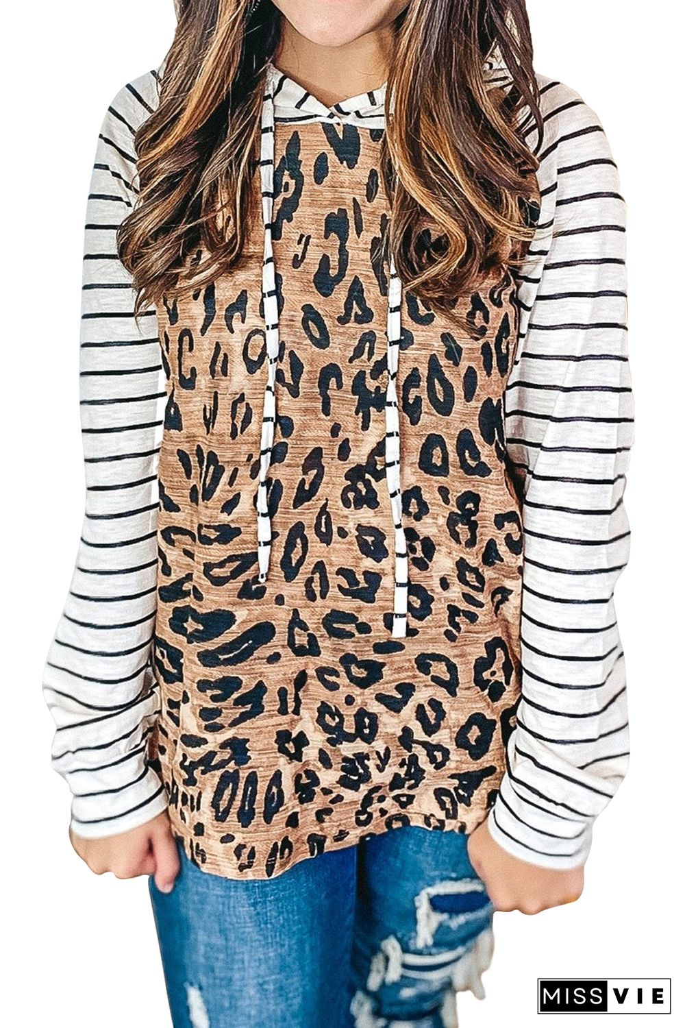 Leopard Striped Patchwork Pullover Hoodie