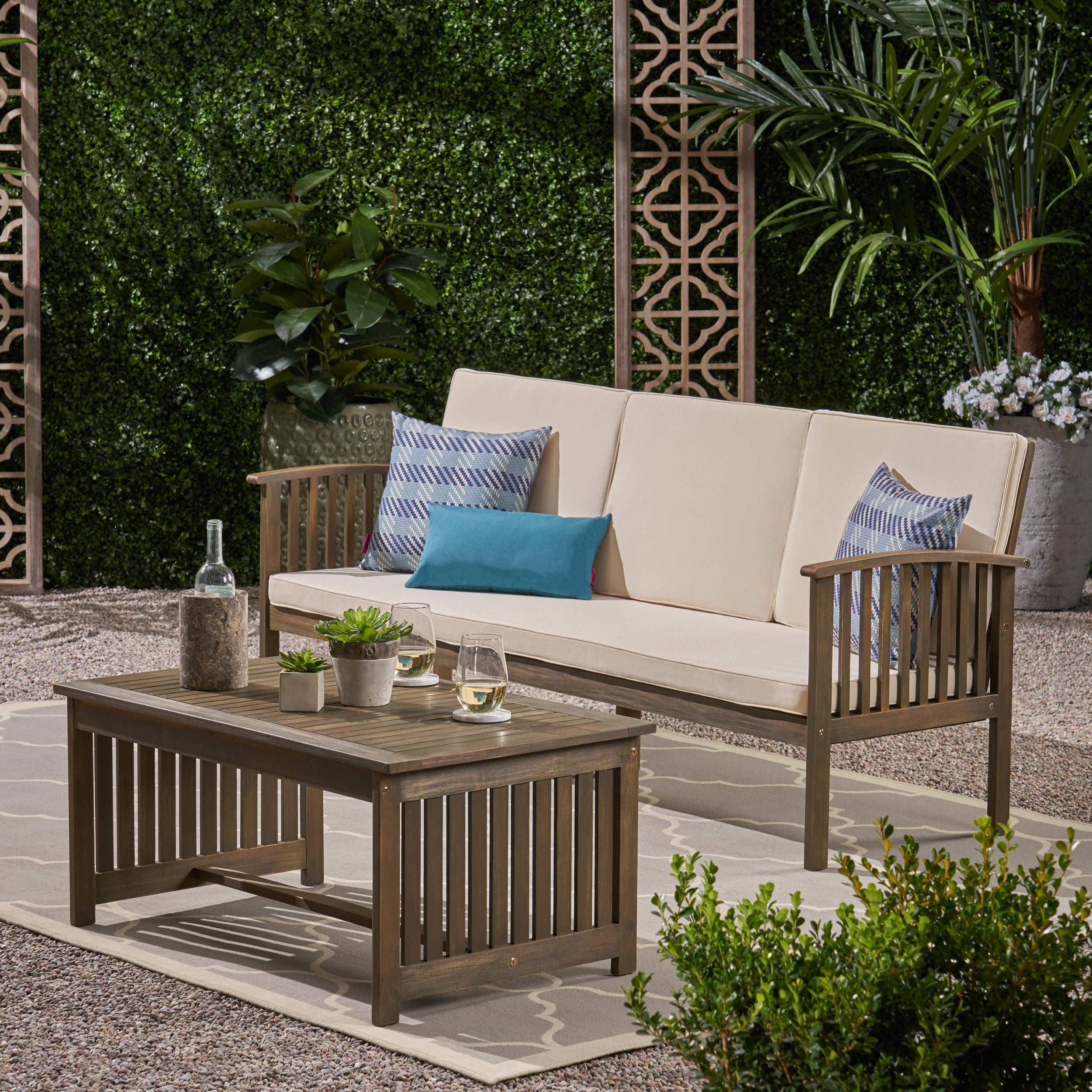 Giles Edward Outdoor Acacia Wood Sofa and Coffee Table Set