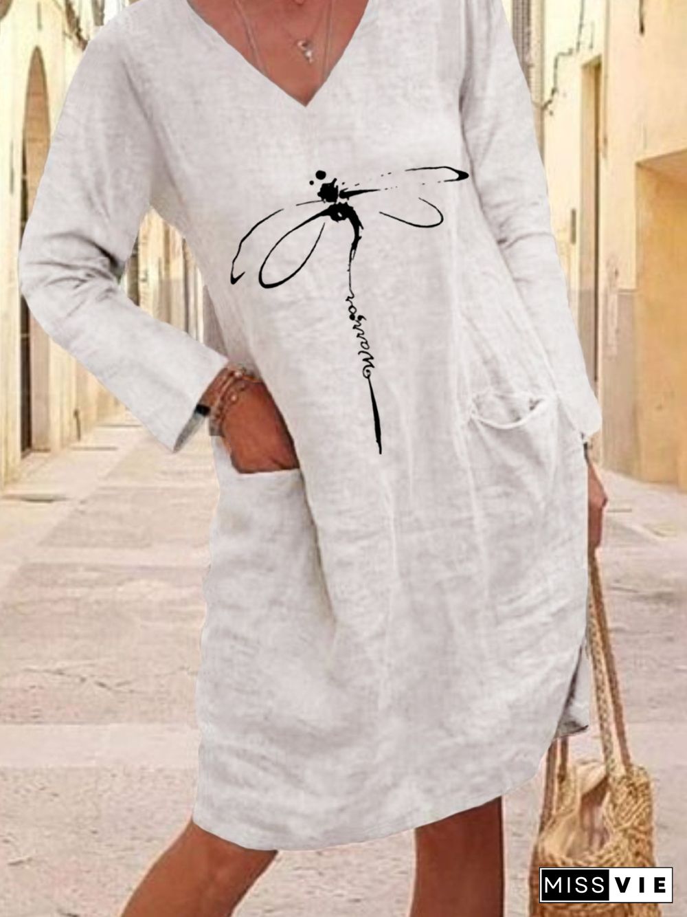 Casual Dragonfly Long Sleeve V Neck Plus Size Printed Dress