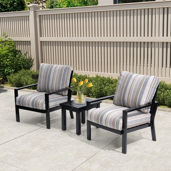 Outdoor 3piece Cushioned Aluminum Patio Furniture Conversation Set，Sunbrella Cushions，Aluminum Side Table