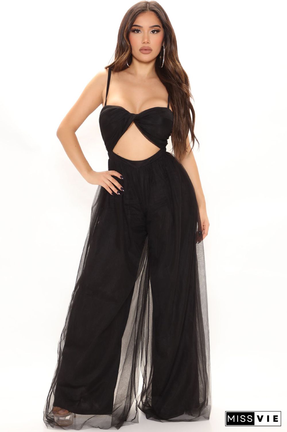 Mesh Patchwork Cut Out Wide Leg Jumpsuit