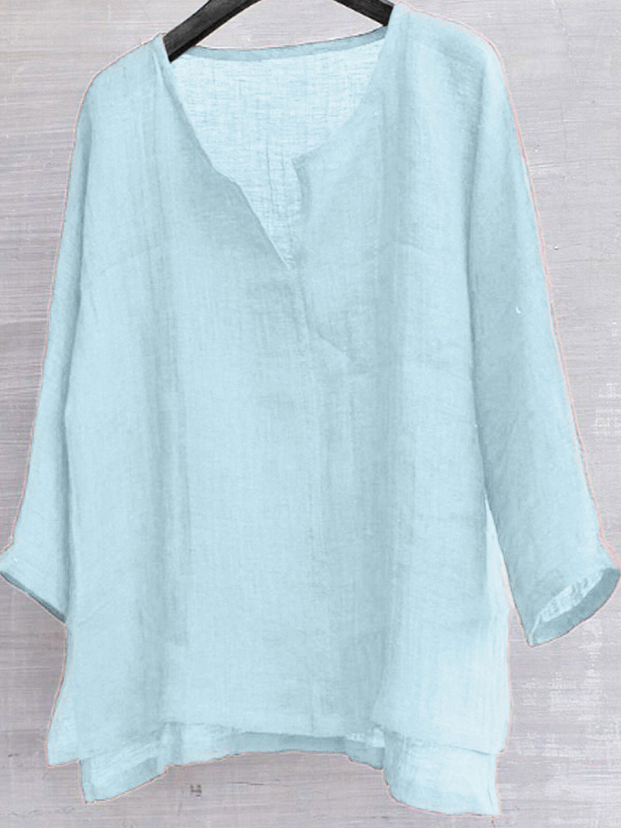 Cotton And Linen Solid Color V-Neck Blouse