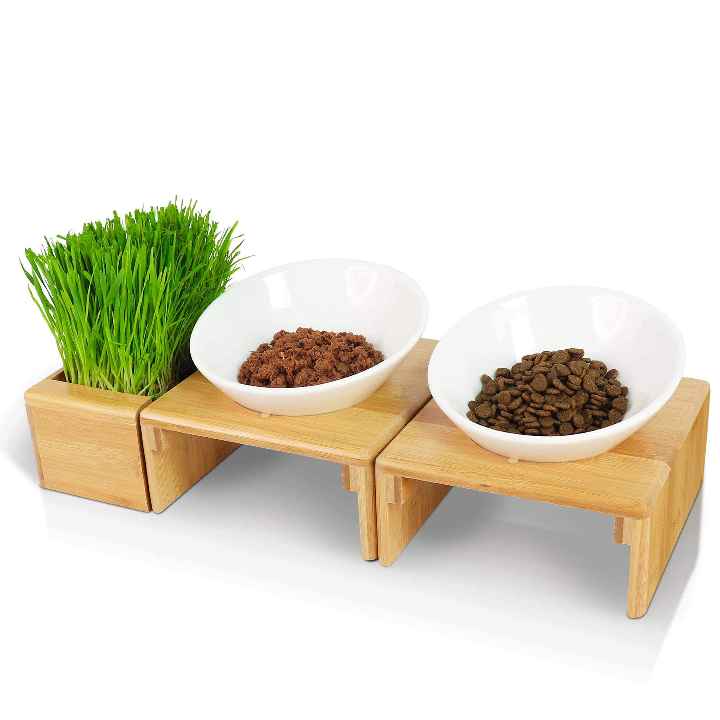 KYONANO Raised Pet Bowls for Cats and Small Dogs, Bamboo Elevated Dog Cat Food and Water Bowls Stand Feeder with 3 Ceramic Food Bowls for cat Grass or Food and Anti Slip Feet