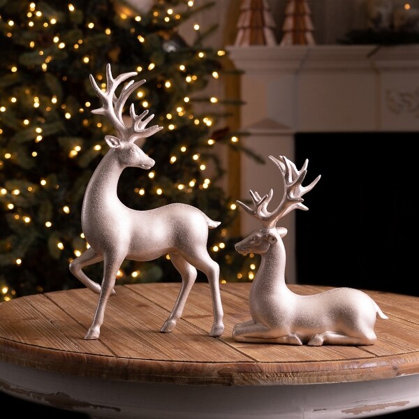 Silver Glittered Deer Figurine (Set of 2)