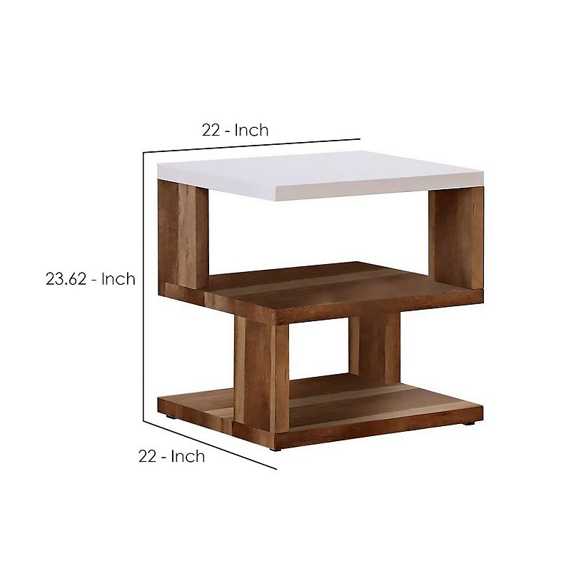 End Table with 2 Tier Shelves and Panel Legs， Brown and White