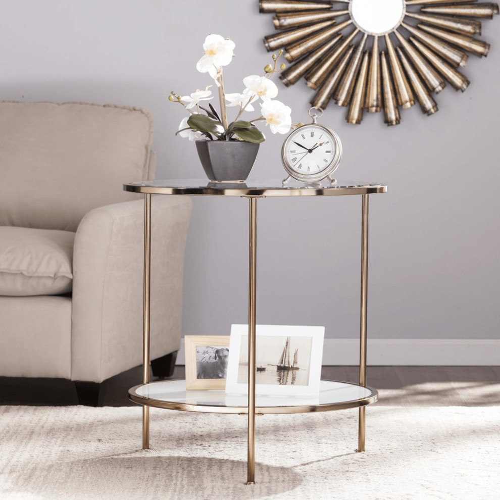 26 quotGold Glass And Iron Round End Table With Shelf   Contemporary   Side Tables And End Tables   by HomeRoots  Houzz