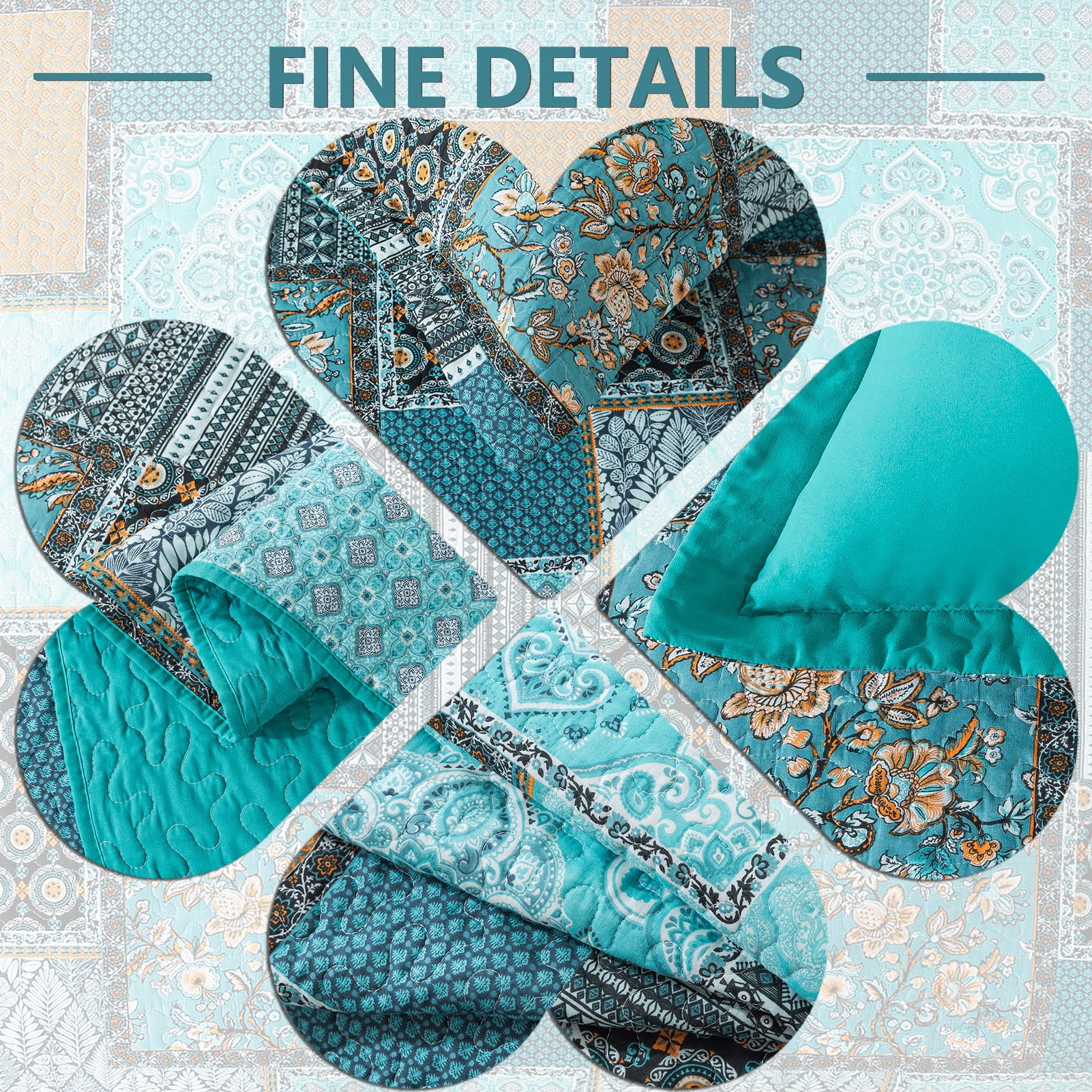 TWINRUN 3 Pieces Quilts Sets, Reversible Boho King Quilt Bedding Sets, Cotton Bedspread, Teal/Green, King Size