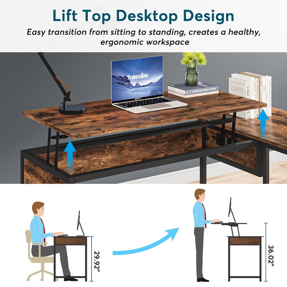 Wood Solid 59’’ L shaped Computer Corner Desk with Lift Top  Industrial Writing Table with Drawers and Storage Shelves