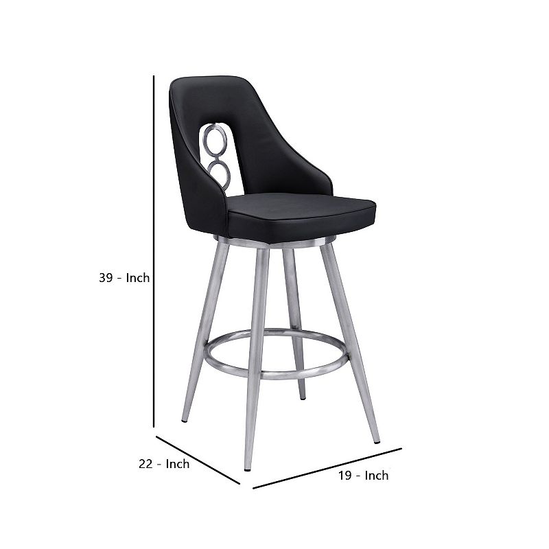 Faux Leather Barstool with Metal Tapered Legs， Black and Silver