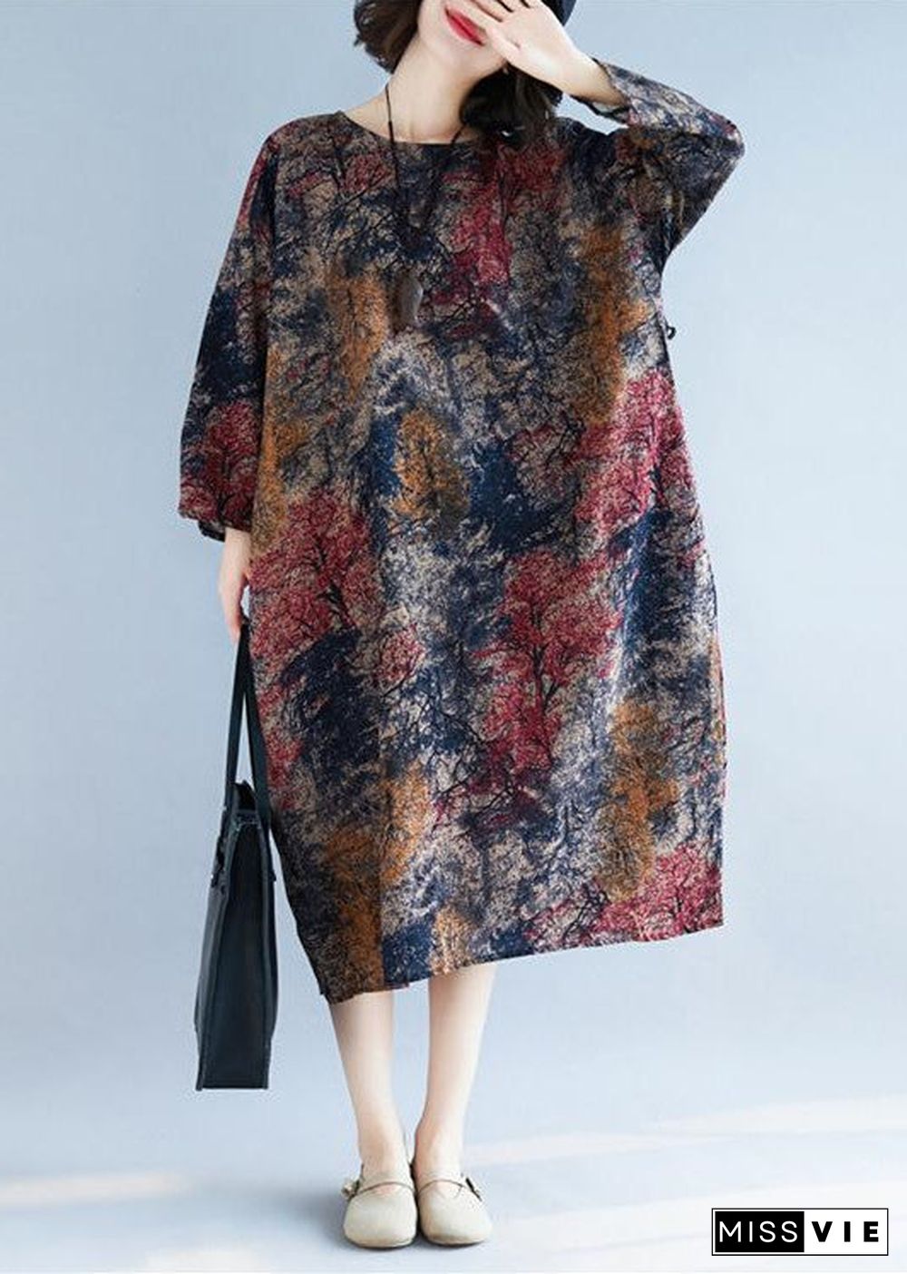 Loose floral cotton linen Long dress plus size design pockets long Dresses