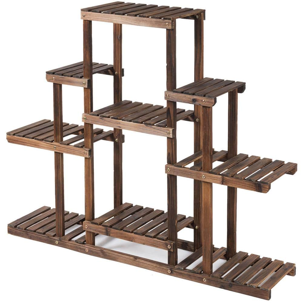 Costway 6-Tier Carbon Baking Wood Outdoor Plant Stand Plant Display Rack Multifunctional Storage Shelf GT3437