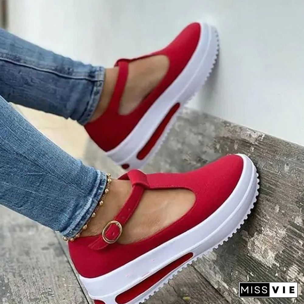 Women Summer Retro Buckle Round Head Wedge Platform Slip-On Sandals Solid Color Slipper Shake Shoes