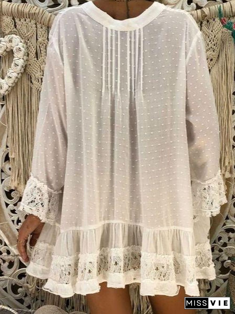 Autumn Women's Fashion Casual Long sleeved Hollow Lace Chiffon Tops Plus Size