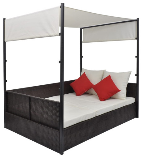 vidaXL Patio Bed Double Chaise Lounge with Canopy for Balcony Black Poly Rattan   Tropical   Outdoor Lounge Furniture   by vidaXL LLC  Houzz