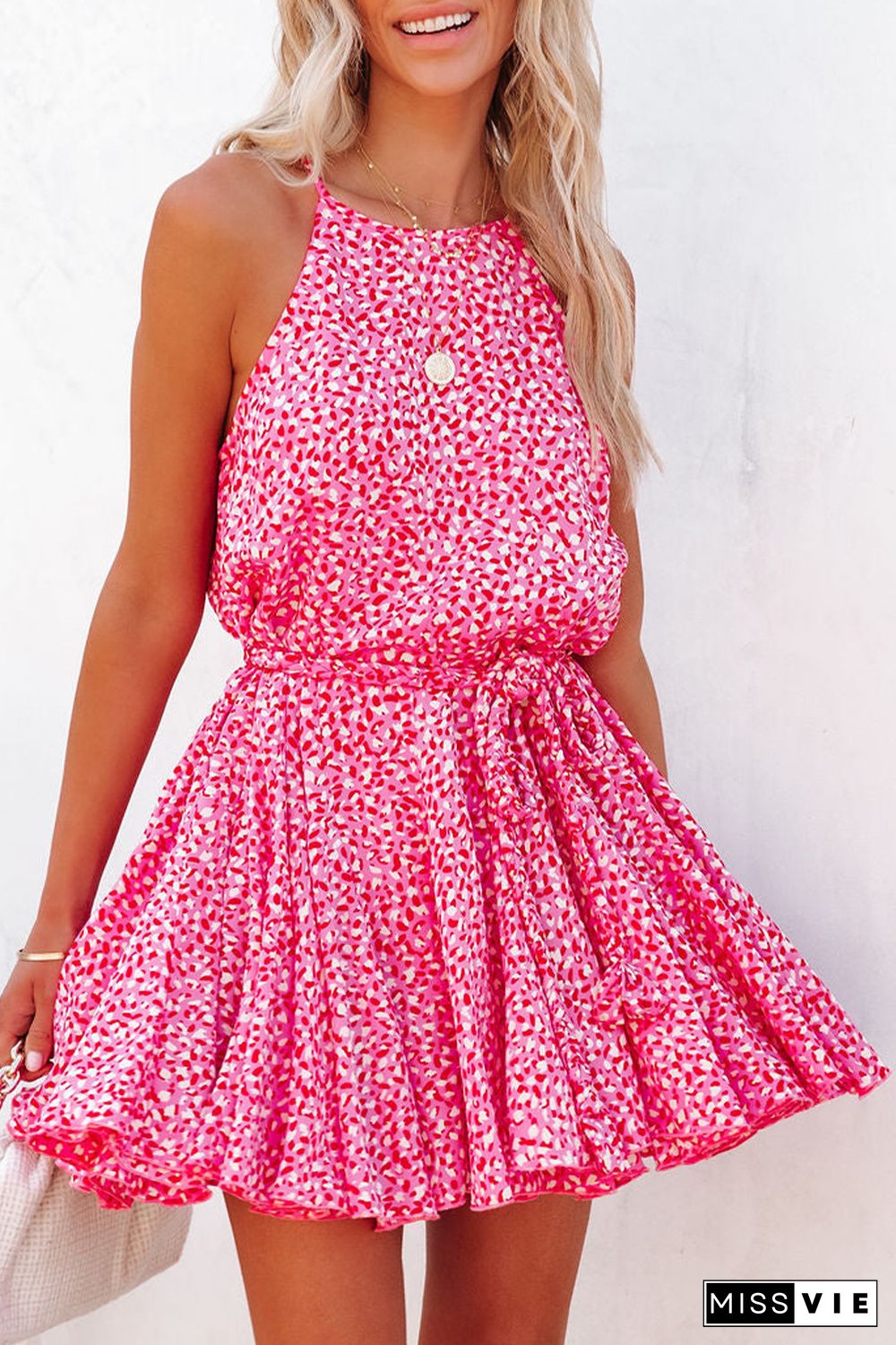 Pink Leopard Print Sleeveless Mini Dress with Waist Tie