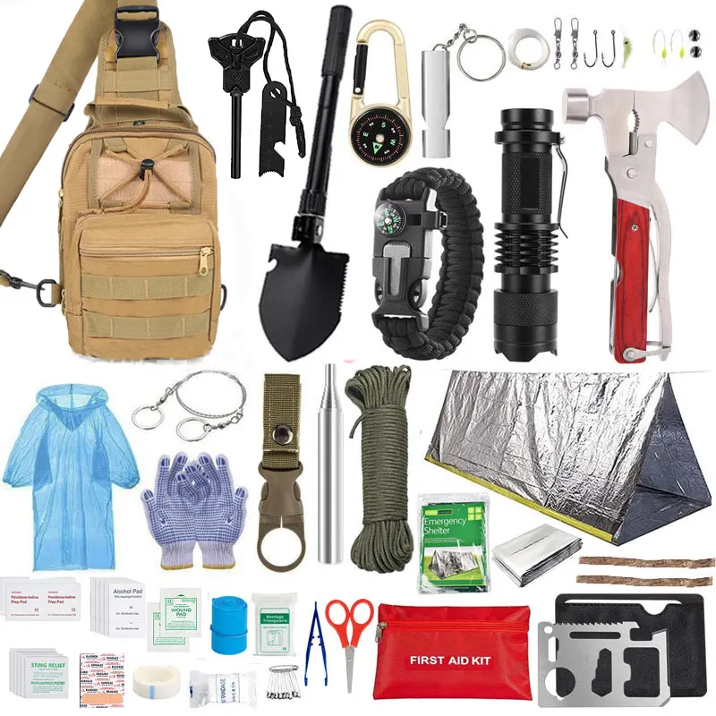 Outdoor Set Travel Camping Hiking Fishing Backpack Emergency Knife Hunting Suit Shovel Straw Ration Survival Kit