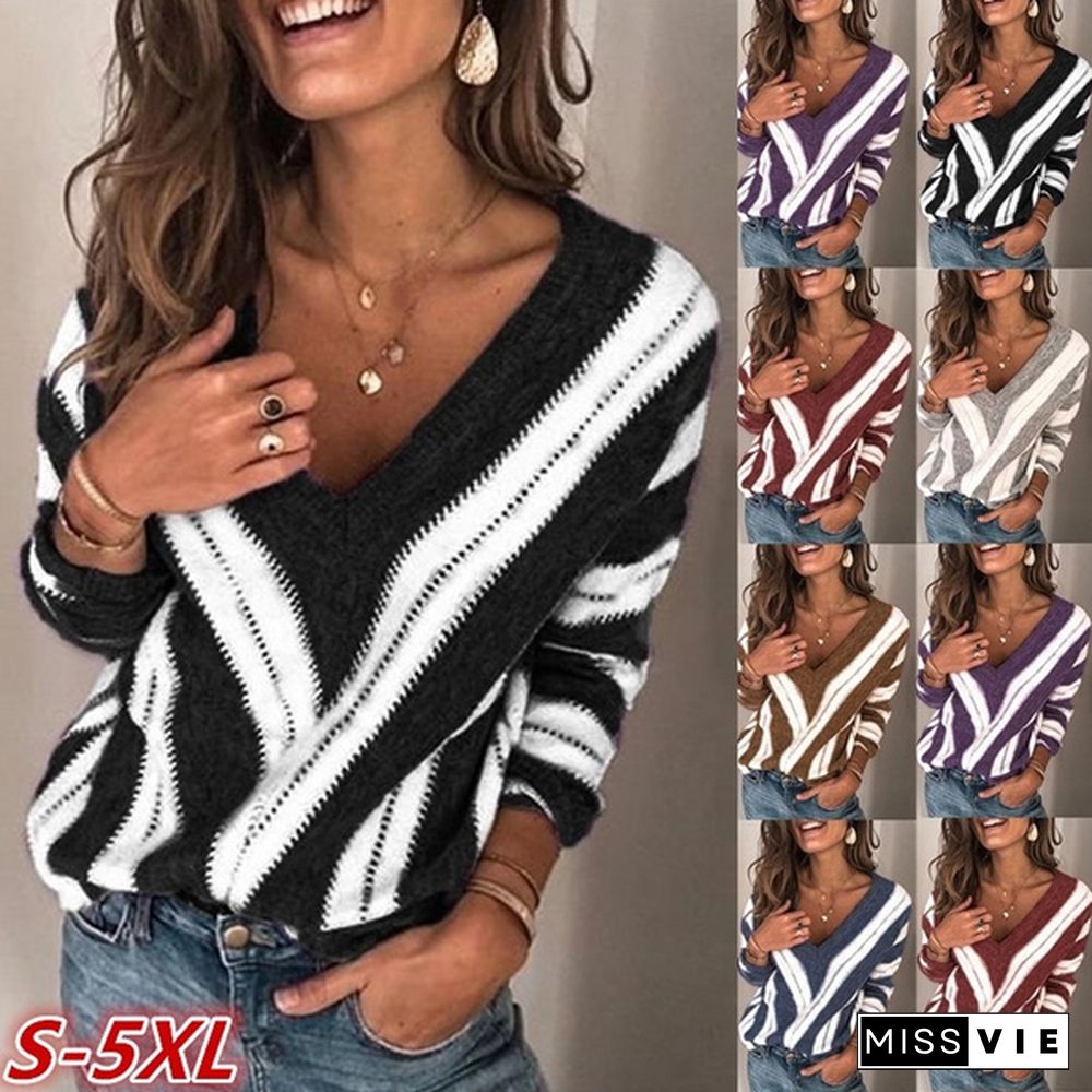 NEW Spring Autumn Women Fashion Striped Loose Knitted Pullover Sweaters Tops Ladies Long Sleeve V Neck Geometric Casual Sweater Jumpers Plus Size S-5XL