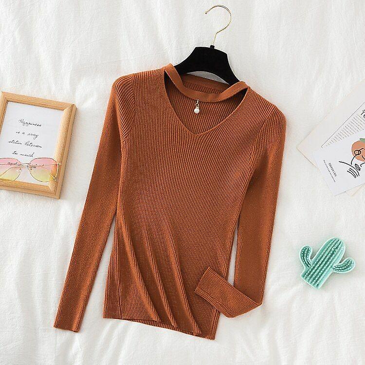 Winter V-neck Women Sweater Knit Top Pullover Clothes Pearl Cut Out Clothing New