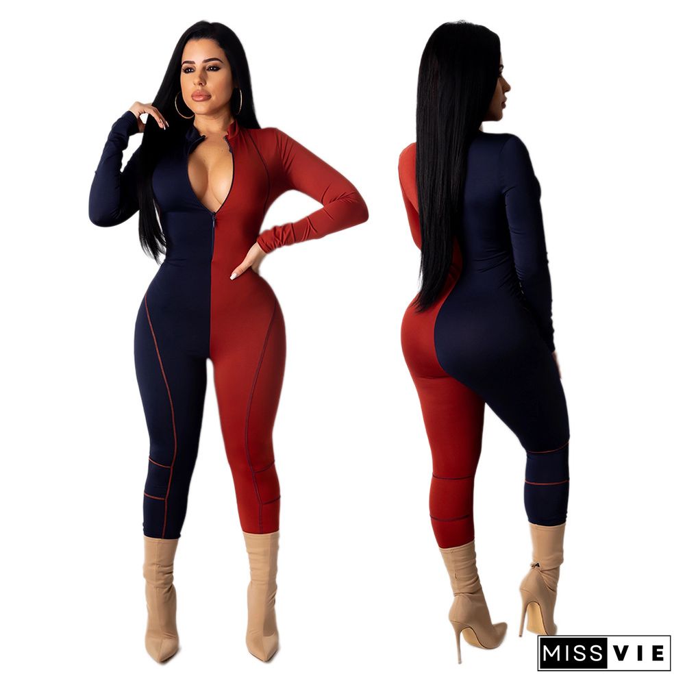 New Sexy Fashion Splicing Zipper Jumpsuit