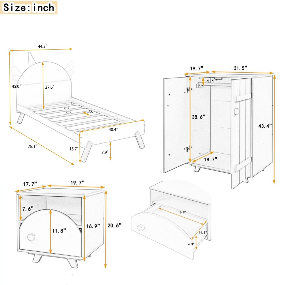 3 Pieces Bedroom Sets Twin/Full Size Platform Bed with Nightstand and Wardrobe