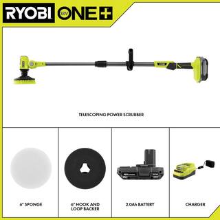 RYOBI ONE+ 18V Cordless Telescoping Power Scrubber Kit with 2.0 Ah Battery and Charger and 6 in. Sponge Hook and Loop Kit P4500K-A95HLK