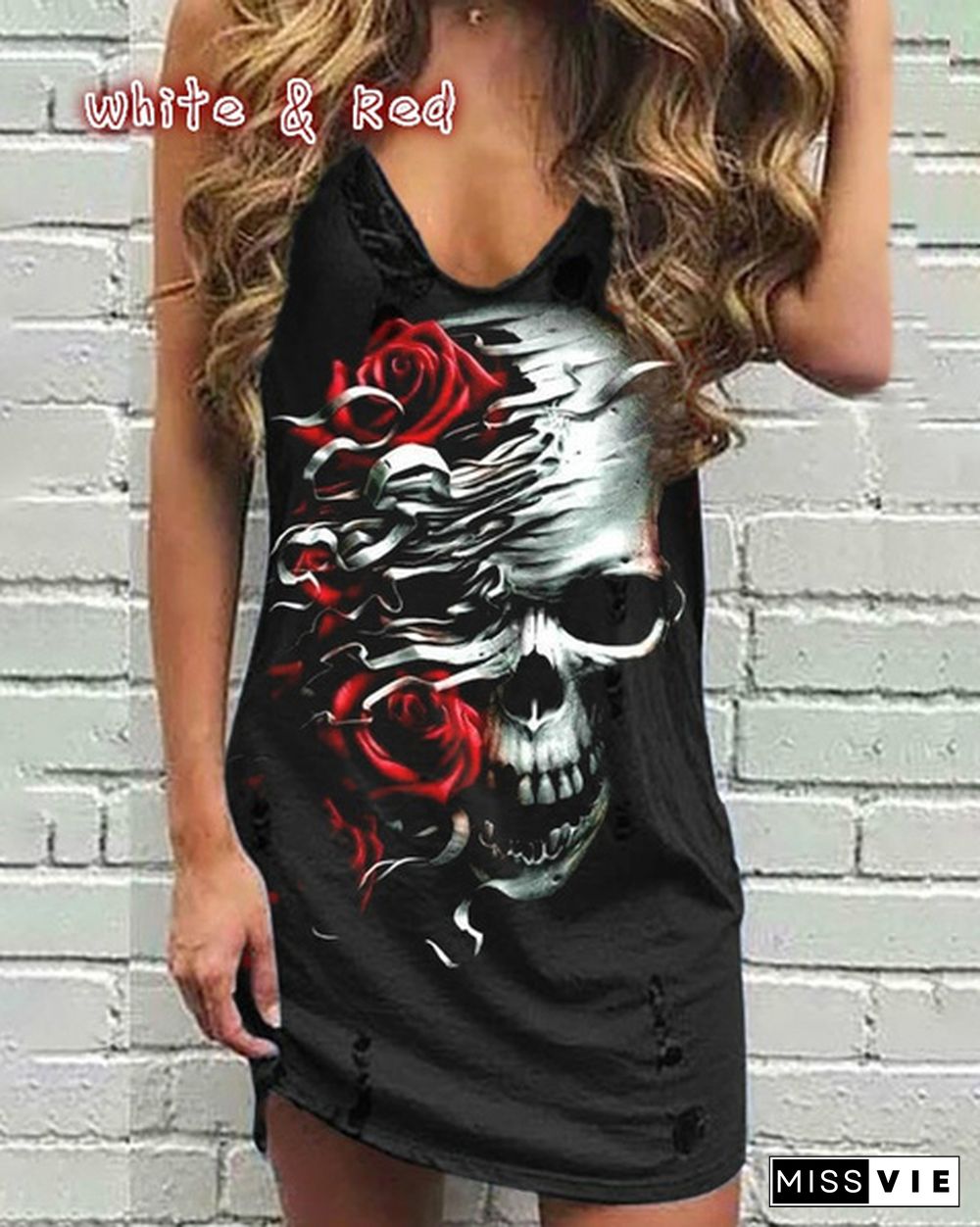 Women's tank Dress Sleeveless Summer Fashion Skull and Rose Print V-collar Casual Loose Dress Plus Size