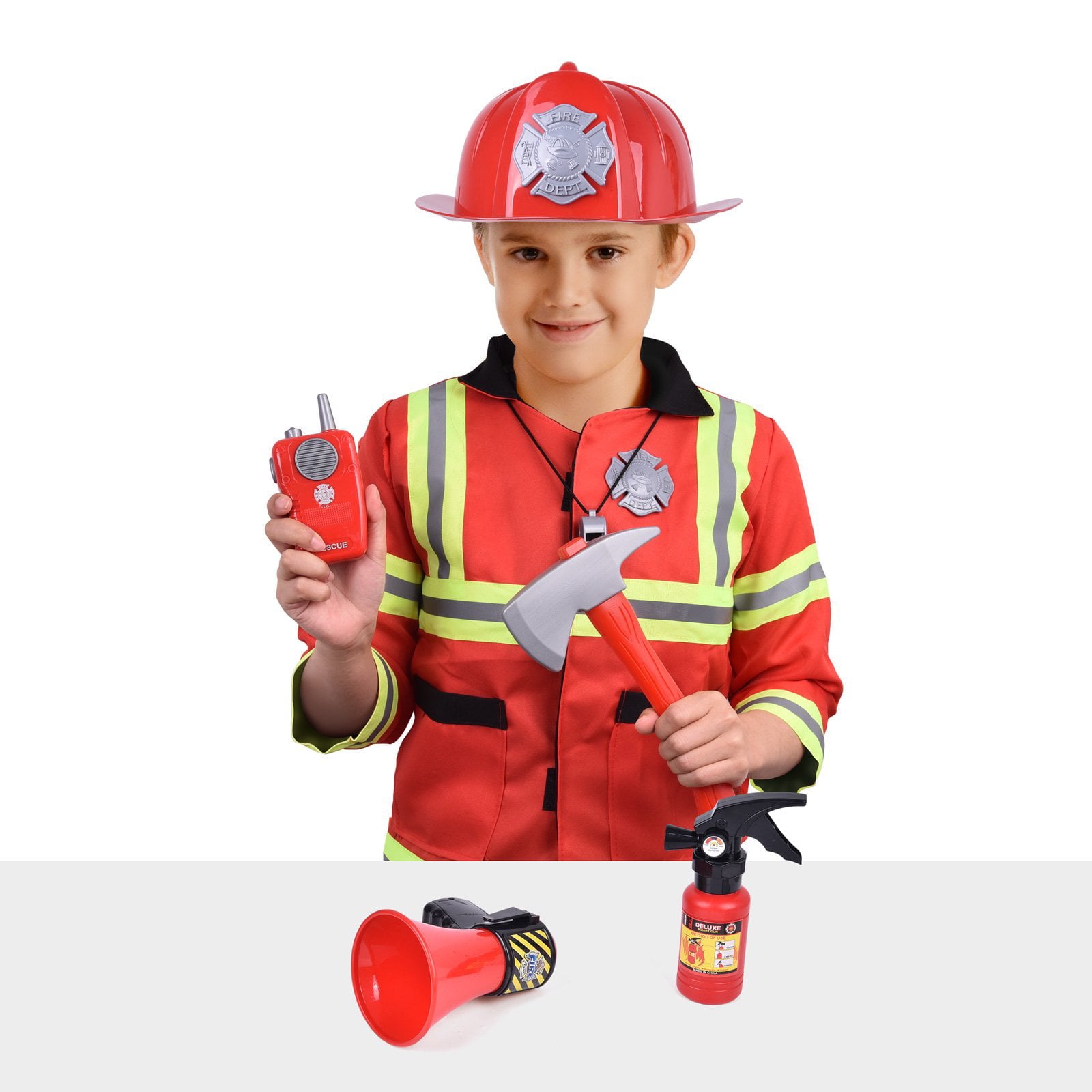 Fun Little Toys Kids Fire Chief Costume, Fireman Dress Up Set, Fire Fighter Outfit, Pretend Role Play Firefighter Gifts for 3, 4, 5, 6 Year Old Toddler