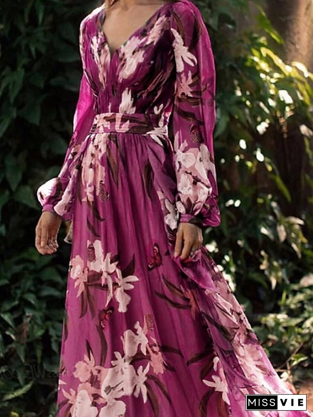 Women's Chiffon Dress Maxi long Dress Purple Long Sleeve Floral Color Block Summer V Neck Holiday Boho S M L XL XXL 3XL